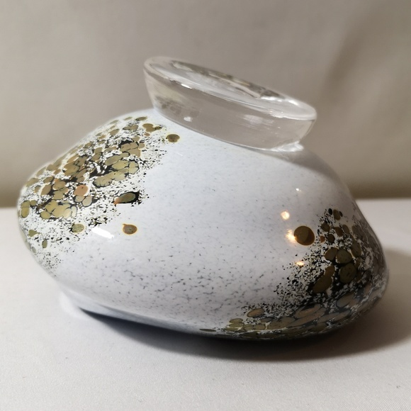 Unique Hand-blown & Artist Signed Art Glass Vessel "Bowl" Gold Blue White Lovely - Picture 9 of 10